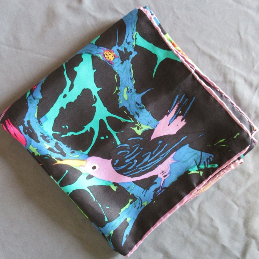 Vintage Ken Scott Scarf Womens Silk Dark Tropical Jungle Birds Novelty Colorful - Picture 6 of 15
